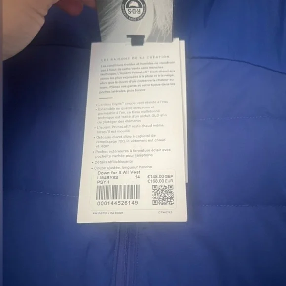 Lululemon down for it all vest Blue SZ 14 New! - Picture 9 of 10